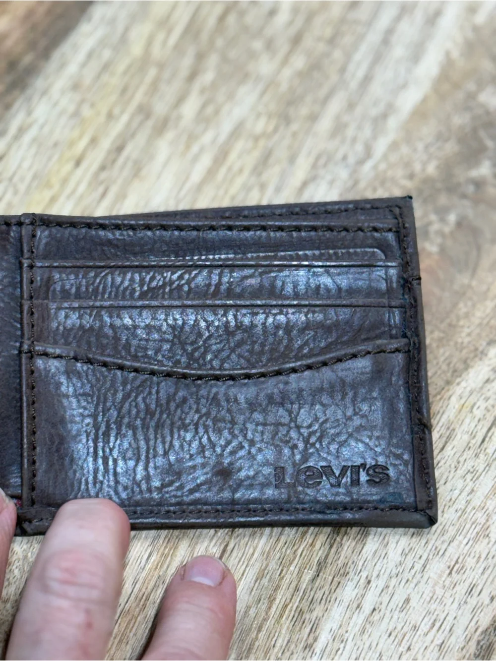 Distressed Levi’s Men’s Brown Bifold Wallet Plaid Interior